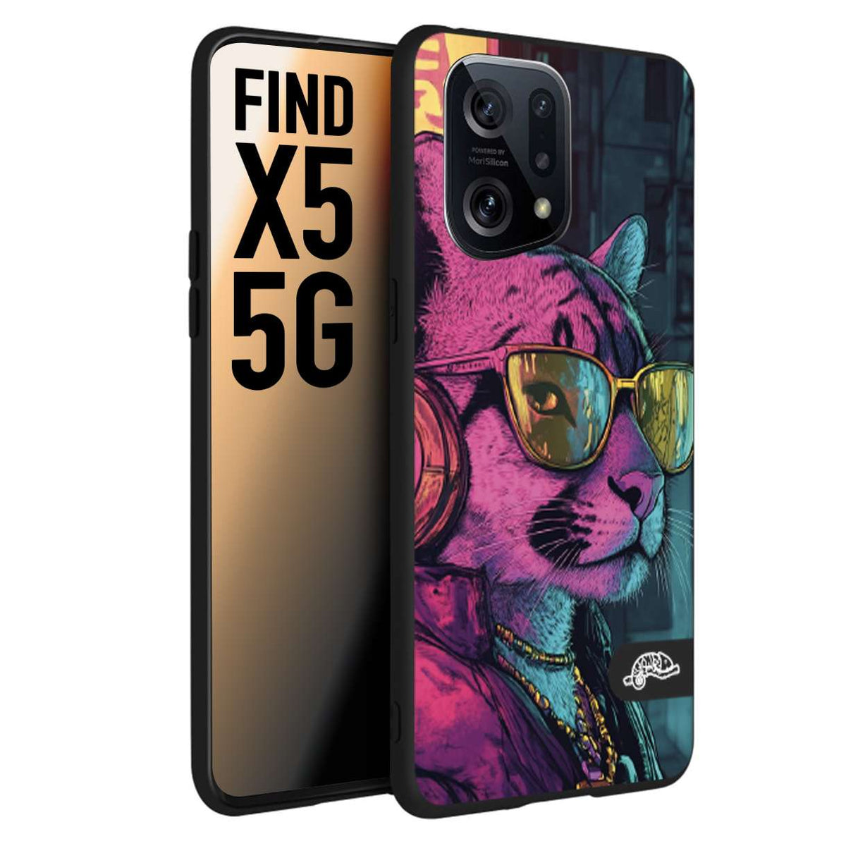 CUSTOMIZZA - Custodia cover nera morbida in tpu compatibile per Oppo Find X5 animali cyberpunk pantera street cat fucsia blu giallo