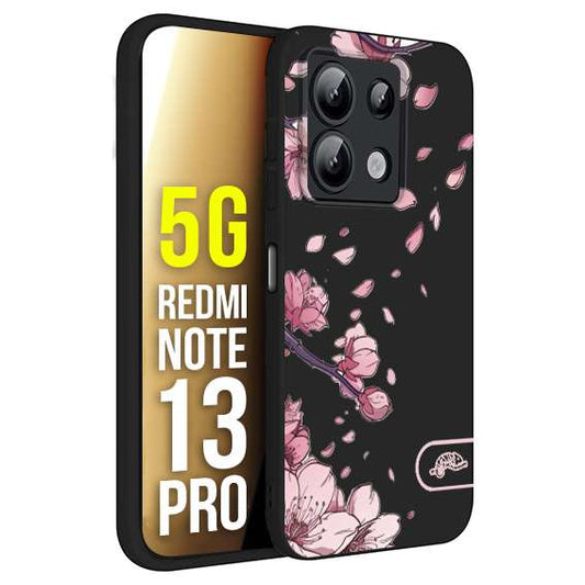 CUSTOMIZZA - Custodia cover nera morbida in tpu compatibile per Xiaomi Redmi Note 13 PRO 5G giapponese fiori di ciliegio in fiore a rilievo disegnata tattoo
