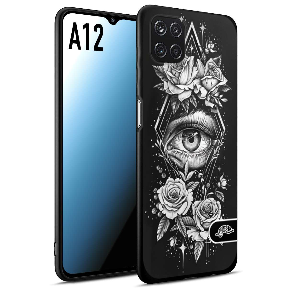 CUSTOMIZZA - Custodia cover nera morbida in tpu compatibile per Samsung A12 occhio fiori rombo geometrico black and white bianco a rilievo disegnato tattoo tatuaggio