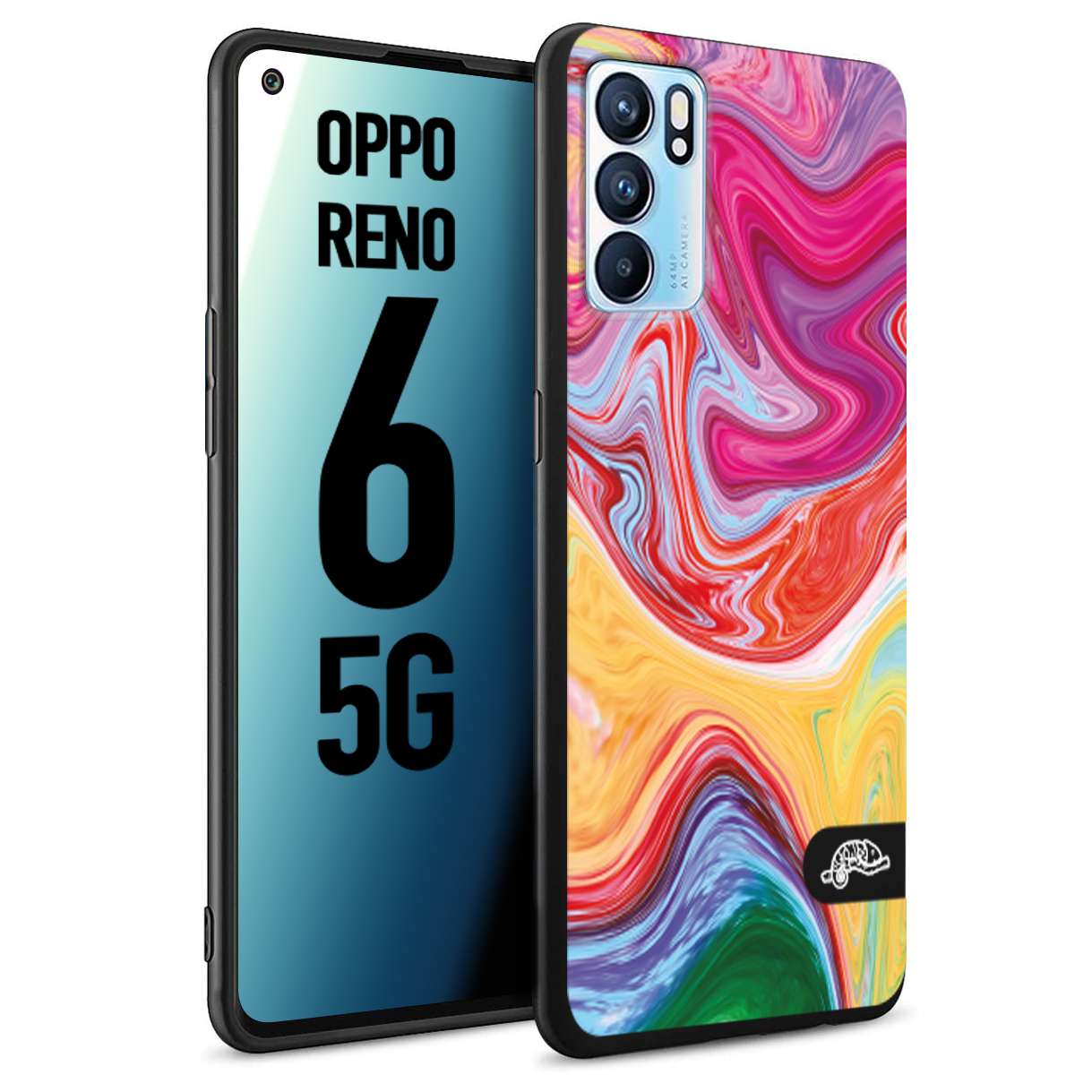 CUSTOMIZZA - Custodia cover nera morbida in tpu compatibile per Oppo Reno 6 5G colorata fantasia vortice marmo onde verde fucsia gialla