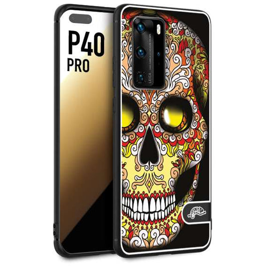 CUSTOMIZZA - Custodia cover nera morbida in tpu compatibile per Huawei P40 PRO teschio messicano Mexican skull giallo rosso arancio