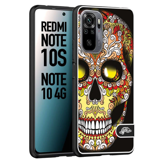 CUSTOMIZZA - Custodia cover nera morbida in tpu compatibile per Xiaomi Redmi Note 10S teschio messicano Mexican skull giallo rosso arancio