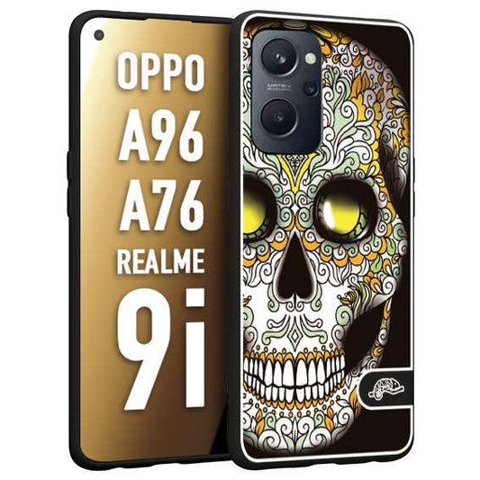 CUSTOMIZZA - Custodia cover nera morbida in tpu compatibile per Realme 9i - A96 - A76 teschio messicano Mexican skull bianco verde giallo