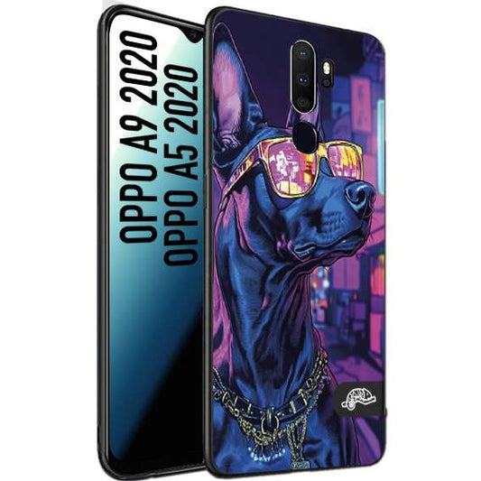 CUSTOMIZZA - Custodia cover nera morbida in tpu compatibile per Oppo A9 2020 - A5 2020 animali cyberpunk dobermann cane street dog fucsia blu night