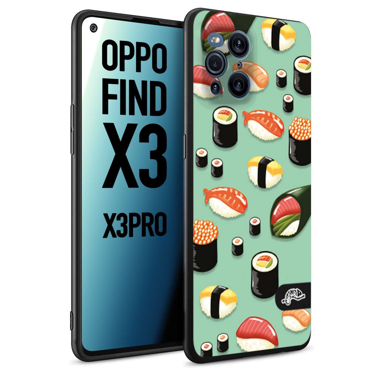 CUSTOMIZZA - Custodia cover nera morbida in tpu compatibile per Oppo Find X3 - Find X3 Pro 5G sushi disegni giapponese nighiri acquamarina verde