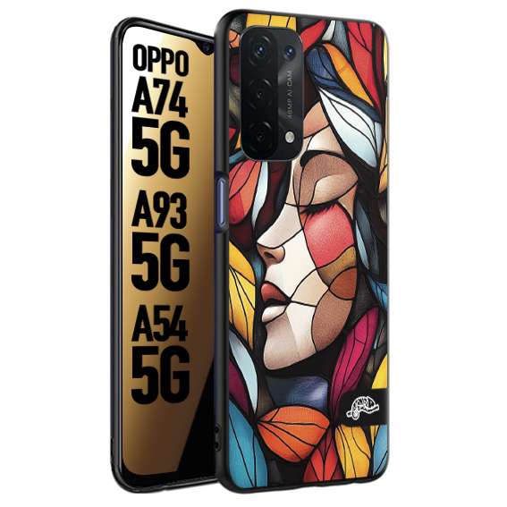 CUSTOMIZZA - Custodia cover nera morbida in tpu compatibile per Oppo A74 5G - A93 5G - A54 5G Vetrata artistica volto di donna profilo fogliare mosaico di vetro colorato