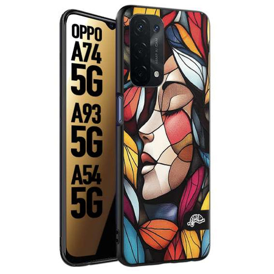 CUSTOMIZZA - Custodia cover nera morbida in tpu compatibile per Oppo A74 5G - A93 5G - A54 5G Vetrata artistica volto di donna profilo fogliare mosaico di vetro colorato