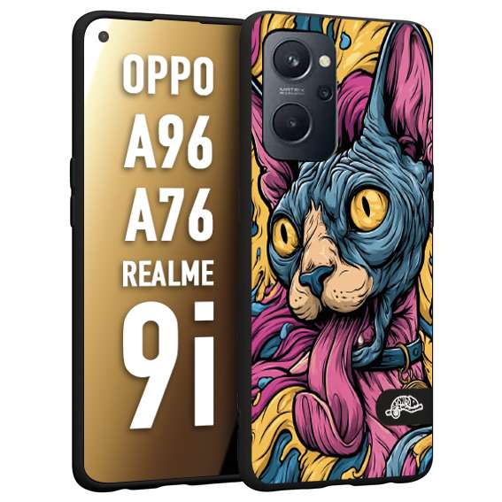 CUSTOMIZZA - Custodia cover nera morbida in tpu compatibile per Realme 9i - A96 - A76 Sphynx Colorato Pop Art Psichedelico Gatto Blu Rosa Giallo Artistica Fantasy