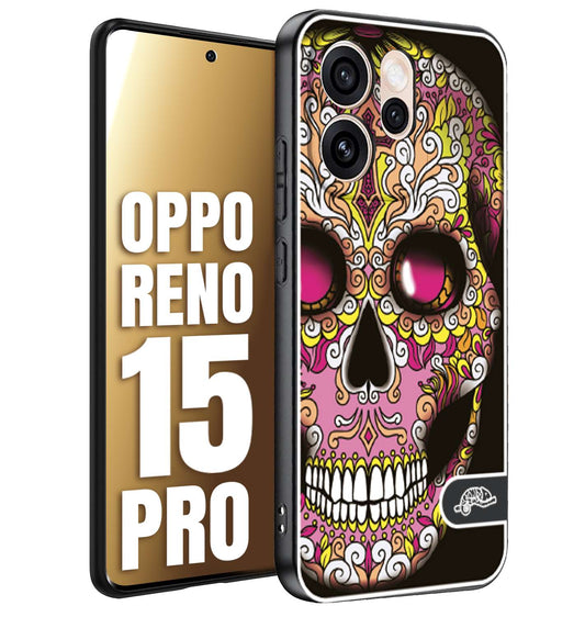 CUSTOMIZZA - Custodia cover nera morbida in tpu compatibile per Oppo Reno 15 PRO teschio messicano Mexican skull rosa gialla