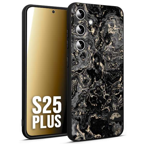 CUSTOMIZZA - Custodia cover nera morbida in tpu compatibile per Samsung S25 PLUS effetto marmo marble nero black venature dorato pietra