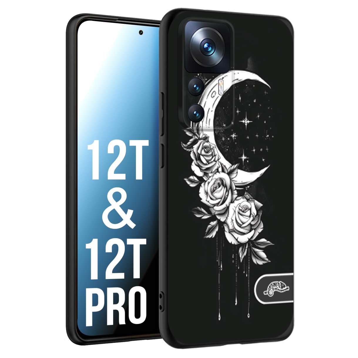 CUSTOMIZZA - Custodia cover nera morbida in tpu compatibile per Xiaomi 12T - 12T PRO luna e fiori moon flowers black and white bianco a rilievo disegnato tattoo tatuaggio