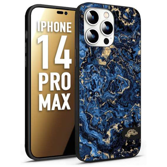 CUSTOMIZZA - Custodia cover nera morbida in tpu compatibile per iPhone 14 PRO MAX effetto marmo marble blu venature dorato psichedelico