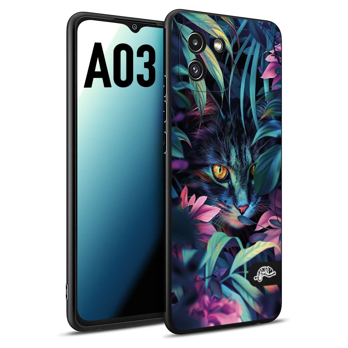 CUSTOMIZZA - Custodia cover nera morbida in tpu compatibile per Samsung A03 animali color giungla tropicale occhio di gatto colori vibranti disegnato