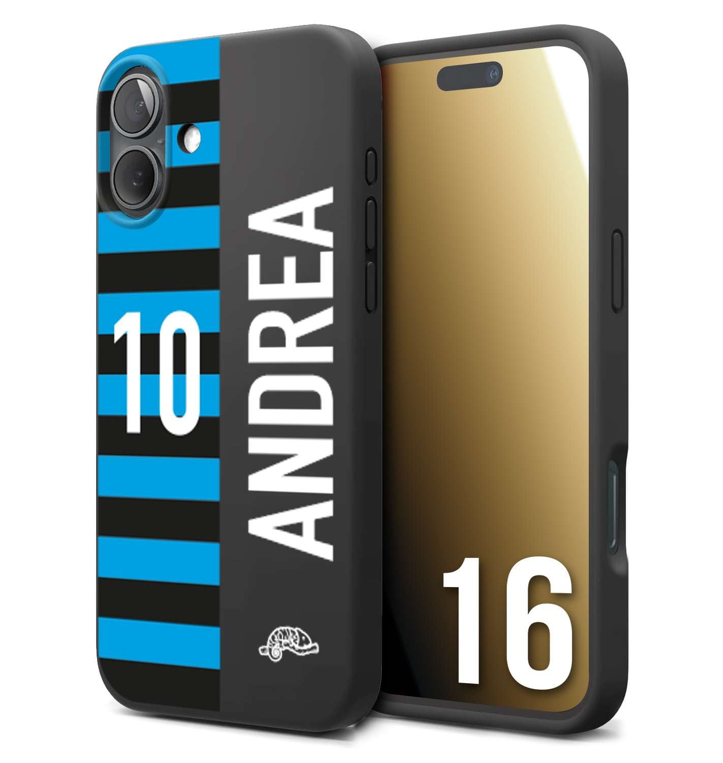 CUSTOMIZZA - Custodia cover nera morbida in tpu compatibile per iPhone 16 personalizzata calcio football nome e numero calciatori nerazzurra