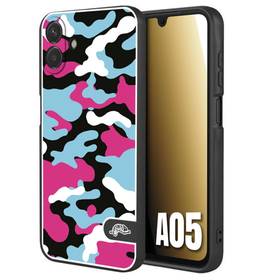 CUSTOMIZZA - Custodia cover nera morbida in tpu compatibile per Samsung A05 camouflage mimetico militare fucsia celeste