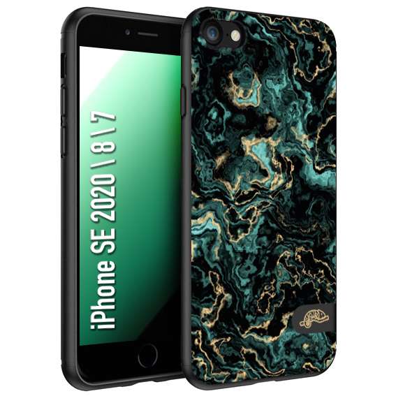 CUSTOMIZZA - Custodia cover nera morbida in tpu compatibile per iPhone 7 - 8 - SE 2020 / 2022 effetto marmo marble verde green venature dorato pietra