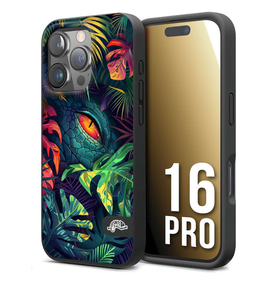 CUSTOMIZZA - Custodia cover nera morbida in tpu compatibile per iPhone 16 PRO animali color giungla tropicale occhio di coccodrillo alligatore disegnato