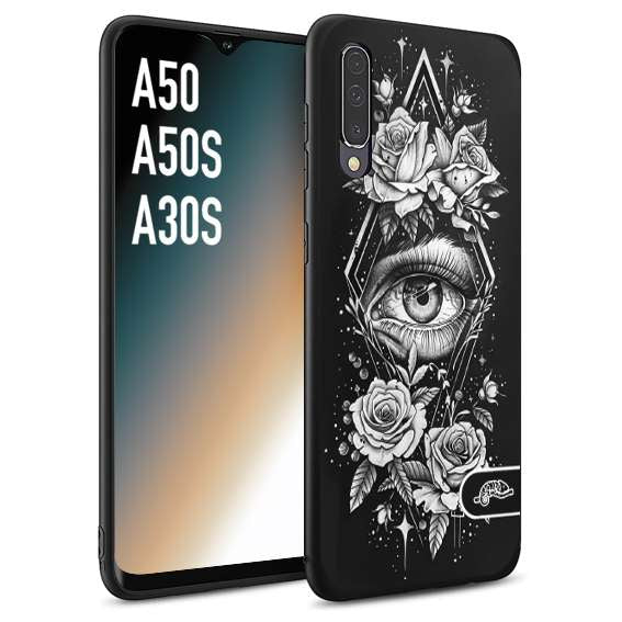 CUSTOMIZZA - Custodia cover nera morbida in tpu compatibile per Samsung A50 - A50S - A30S occhio fiori rombo geometrico black and white bianco a rilievo disegnato tattoo tatuaggio