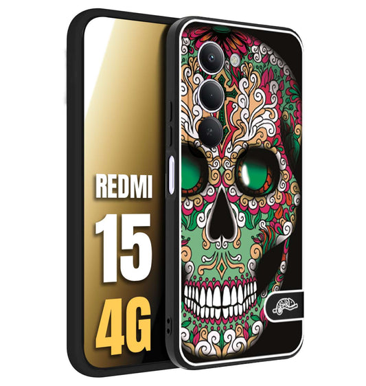 CUSTOMIZZA - Custodia cover nera morbida in tpu compatibile per Xiaomi Redmi 15 4G teschio messicano Mexican skull verde fucsia
