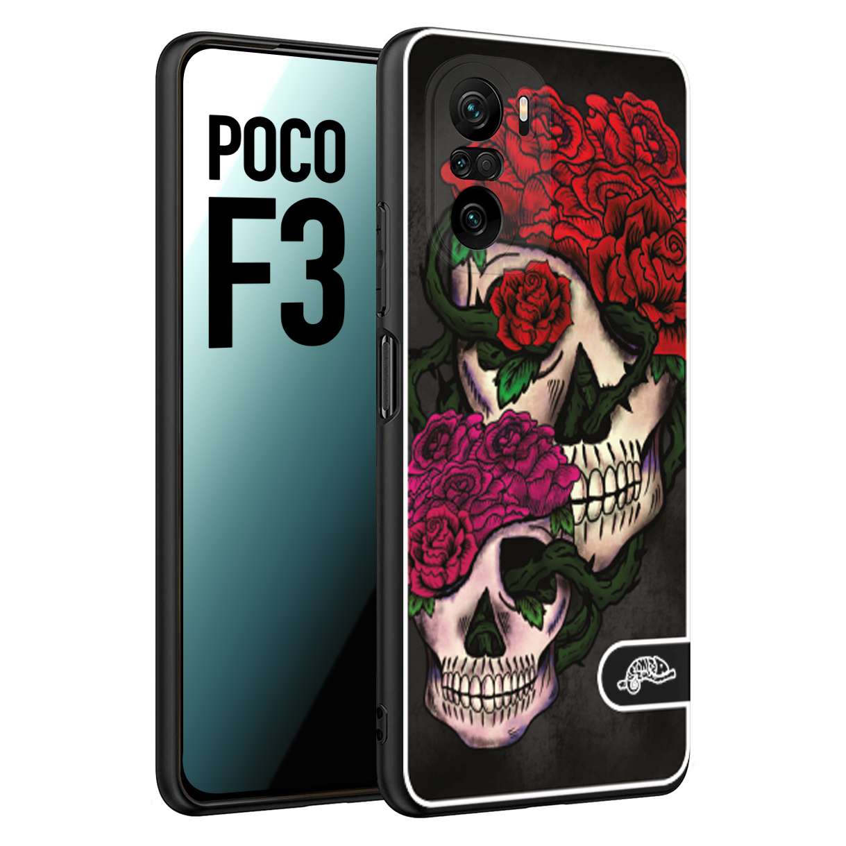 CUSTOMIZZA - Custodia cover nera morbida in tpu compatibile per Xiaomi Poco F3 teschi e rose rosse fucsia skull and roses