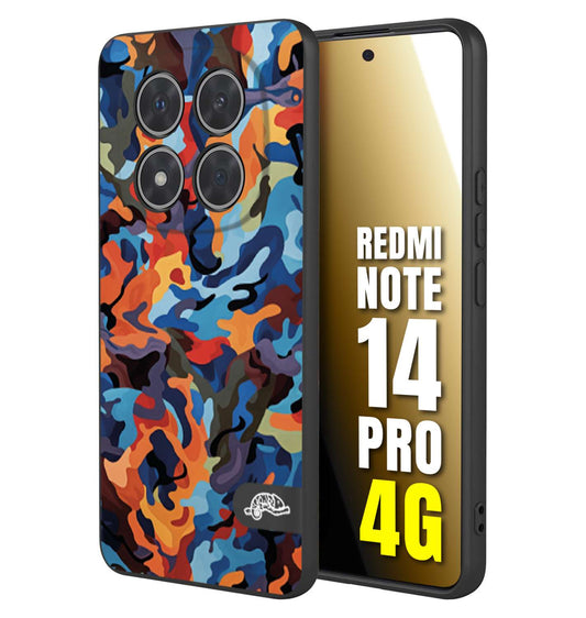 CUSTOMIZZA - Custodia cover nera morbida in tpu compatibile per Xiaomi Redmi Note 14 PRO 4G camouflage mimetico militare moderno blu arancio rosso