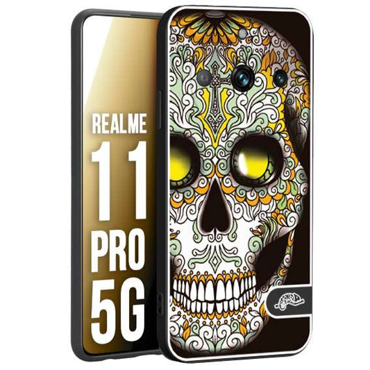 CUSTOMIZZA - Custodia cover nera morbida in tpu compatibile per Oppo Realme 11 PRO 5G teschio messicano Mexican skull bianco verde giallo