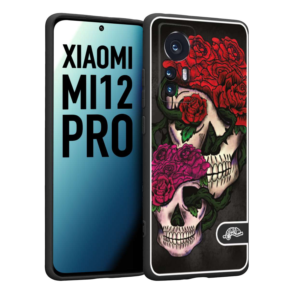 CUSTOMIZZA - Custodia cover nera morbida in tpu compatibile per Xiaomi 12 PRO teschi e rose rosse fucsia skull and roses