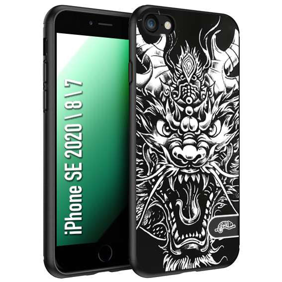 CUSTOMIZZA - Custodia cover nera morbida in tpu compatibile per iPhone 7 - 8 - SE 2020 / 2022 drago black and white bianco a rilievo disegnato tattoo tatuaggio