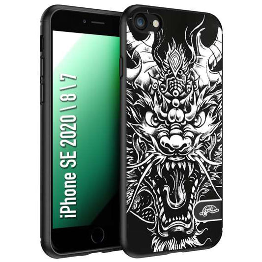 CUSTOMIZZA - Custodia cover nera morbida in tpu compatibile per iPhone 7 - 8 - SE 2020 / 2022 drago black and white bianco a rilievo disegnato tattoo tatuaggio