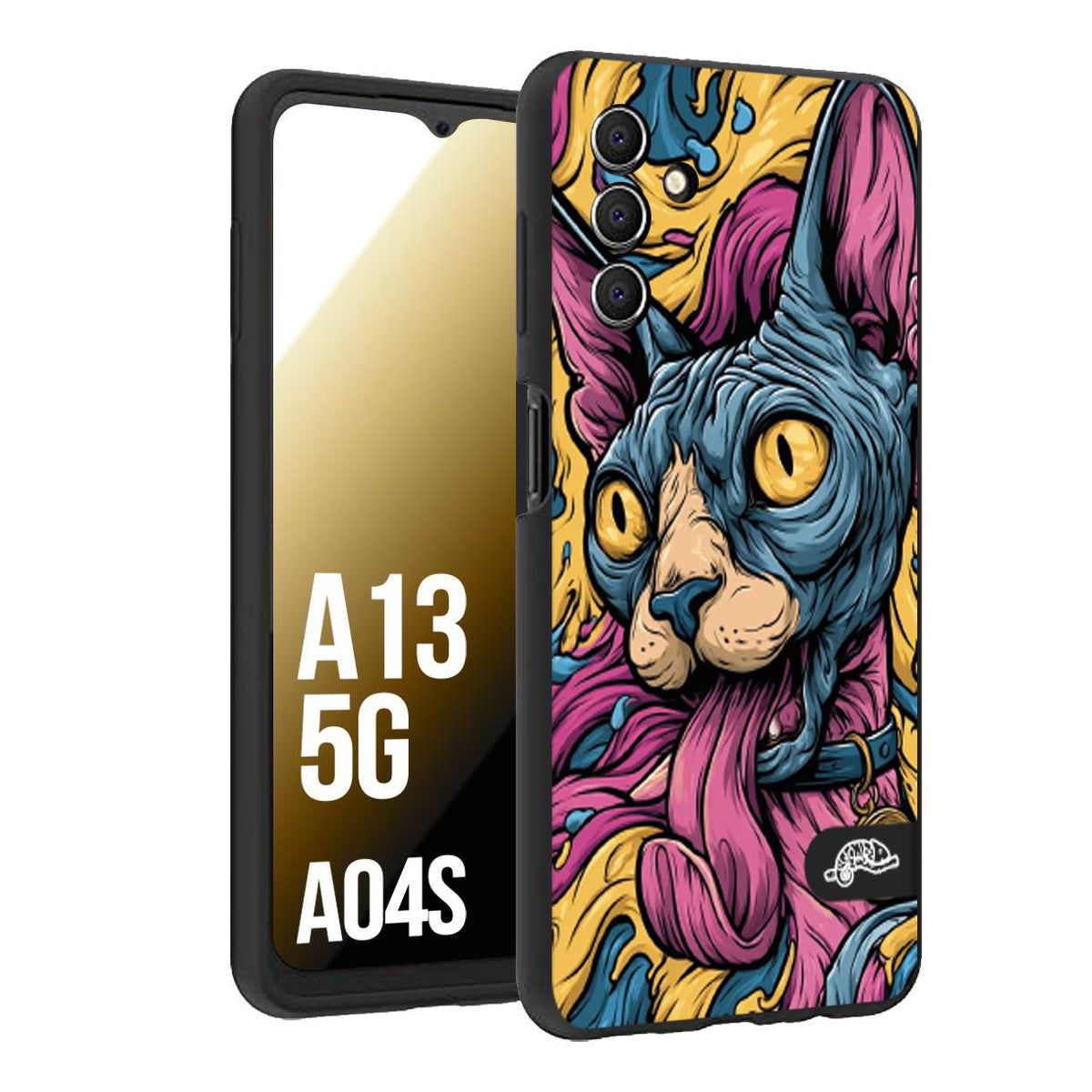 CUSTOMIZZA - Custodia cover nera morbida in tpu compatibile per Samsung A04S - A13 5G Sphynx Colorato Pop Art Psichedelico Gatto Blu Rosa Giallo Artistica Fantasy