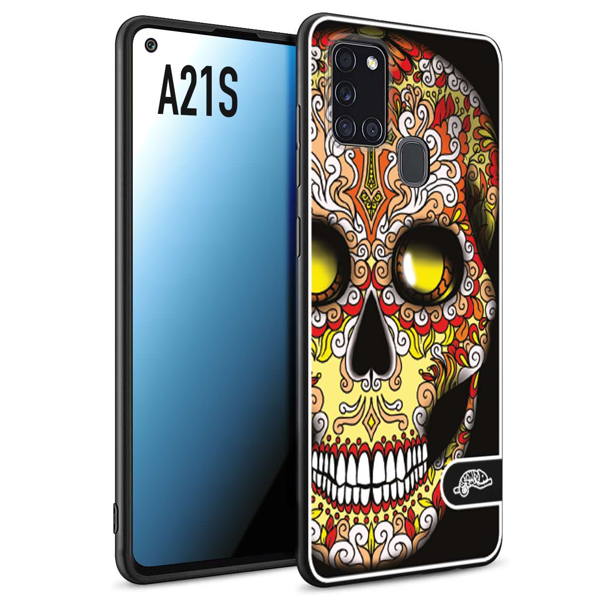 CUSTOMIZZA - Custodia cover nera morbida in tpu compatibile per Samsung A21S teschio messicano Mexican skull giallo rosso arancio