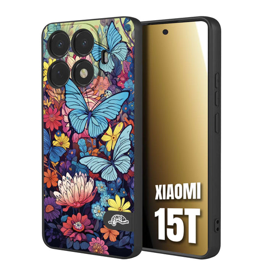 CUSTOMIZZA - Custodia cover nera morbida in tpu compatibile per Xiaomi 15T farfalle butterfly moderno donna disegnate gialla blu rosa