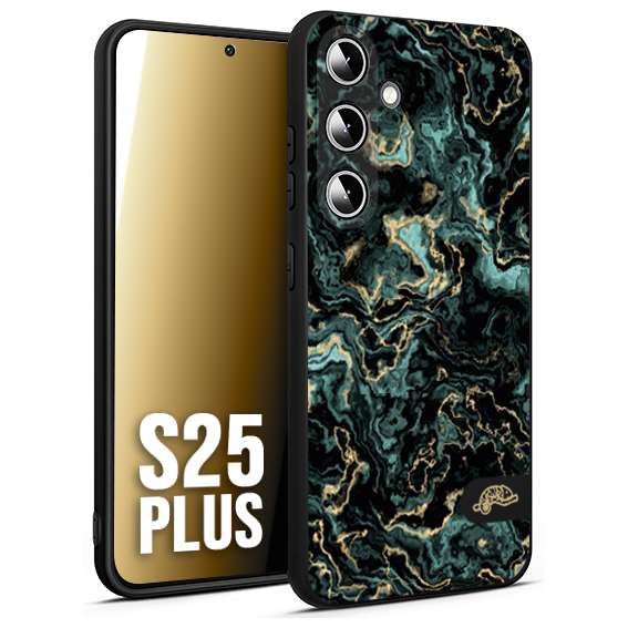 CUSTOMIZZA - Custodia cover nera morbida in tpu compatibile per Samsung S25 PLUS effetto marmo marble verde green venature dorato pietra