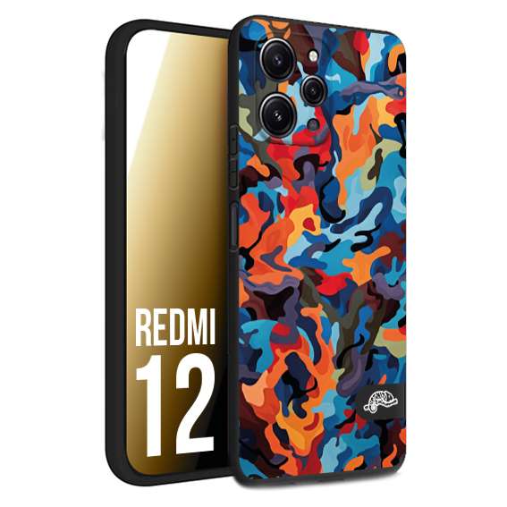 CUSTOMIZZA - Custodia cover nera morbida in tpu compatibile per Xiaomi Redmi 12 camouflage mimetico militare moderno blu arancio rosso