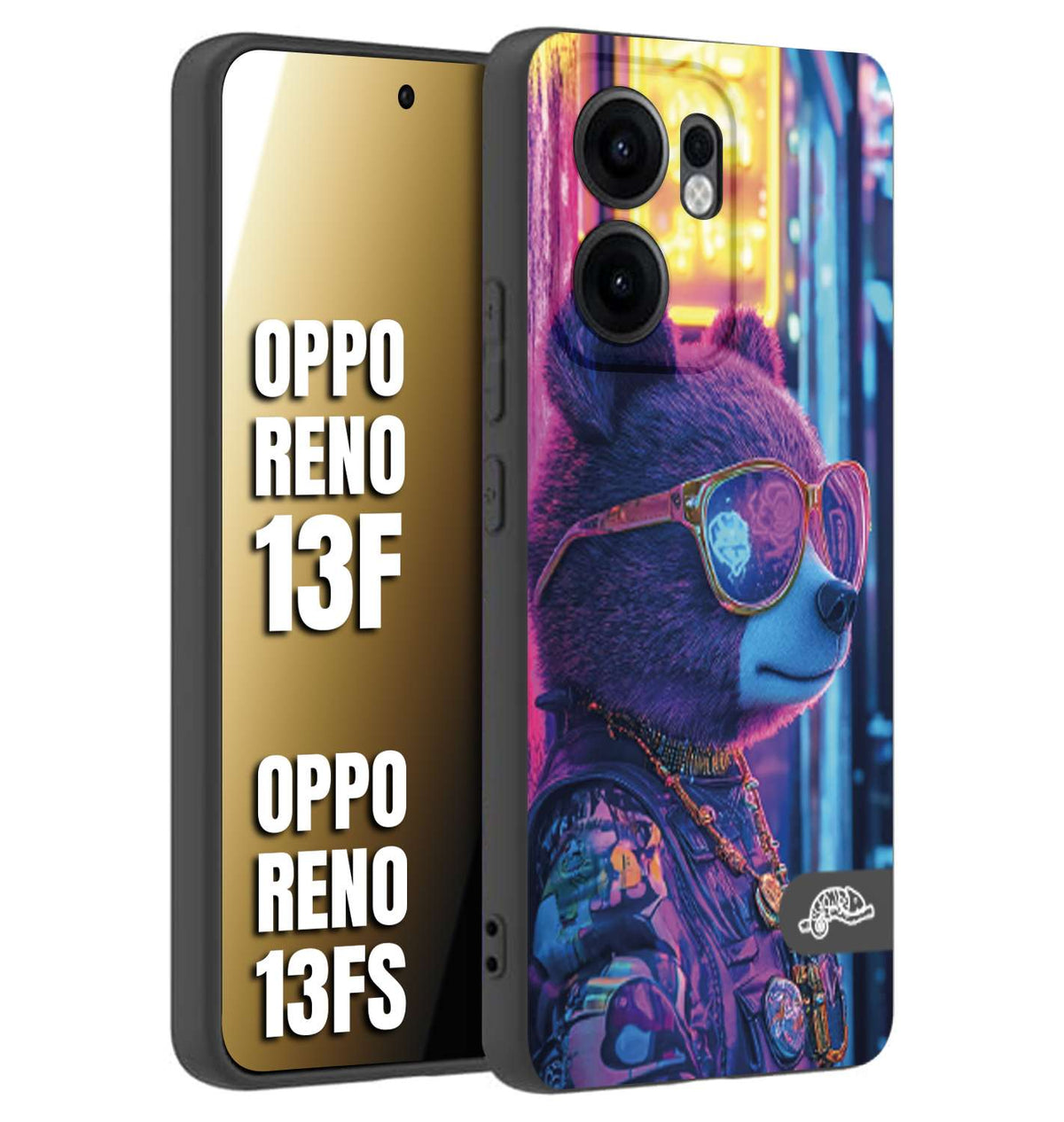 CUSTOMIZZA - Custodia cover nera morbida in tpu compatibile per Oppo Reno 13 F animali cyberpunk orsetto orso street bear fucsia blu night