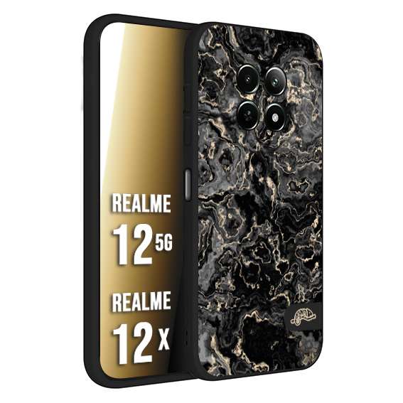 CUSTOMIZZA - Custodia cover nera morbida in tpu compatibile per Realme 12 5G - 12X effetto marmo marble nero black venature dorato pietra