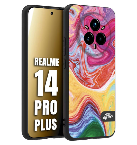 CUSTOMIZZA - Custodia cover nera morbida in tpu compatibile per Realme 14 PRO PLUS colorata fantasia vortice marmo onde verde fucsia gialla