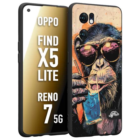 CUSTOMIZZA - Custodia cover nera morbida in tpu compatibile per Oppo Reno 7 - Find X5 LITE estate disegnata cocktails animali simpatici scimmia monkey negroni