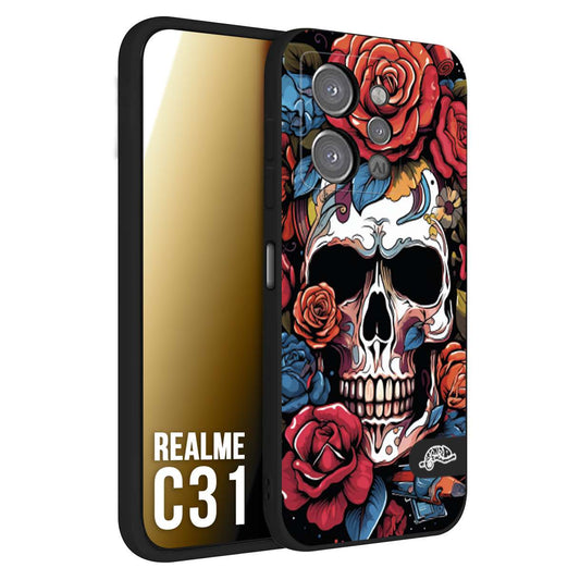 CUSTOMIZZA - Custodia cover nera morbida in tpu compatibile per Realme C31 teschio skull flowers fiori rose rosse tattoo disegnato