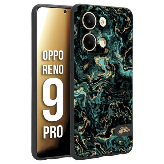 CUSTOMIZZA - Custodia cover nera morbida in tpu compatibile per Oppo Reno 9 PRO effetto marmo marble verde green venature dorato pietra