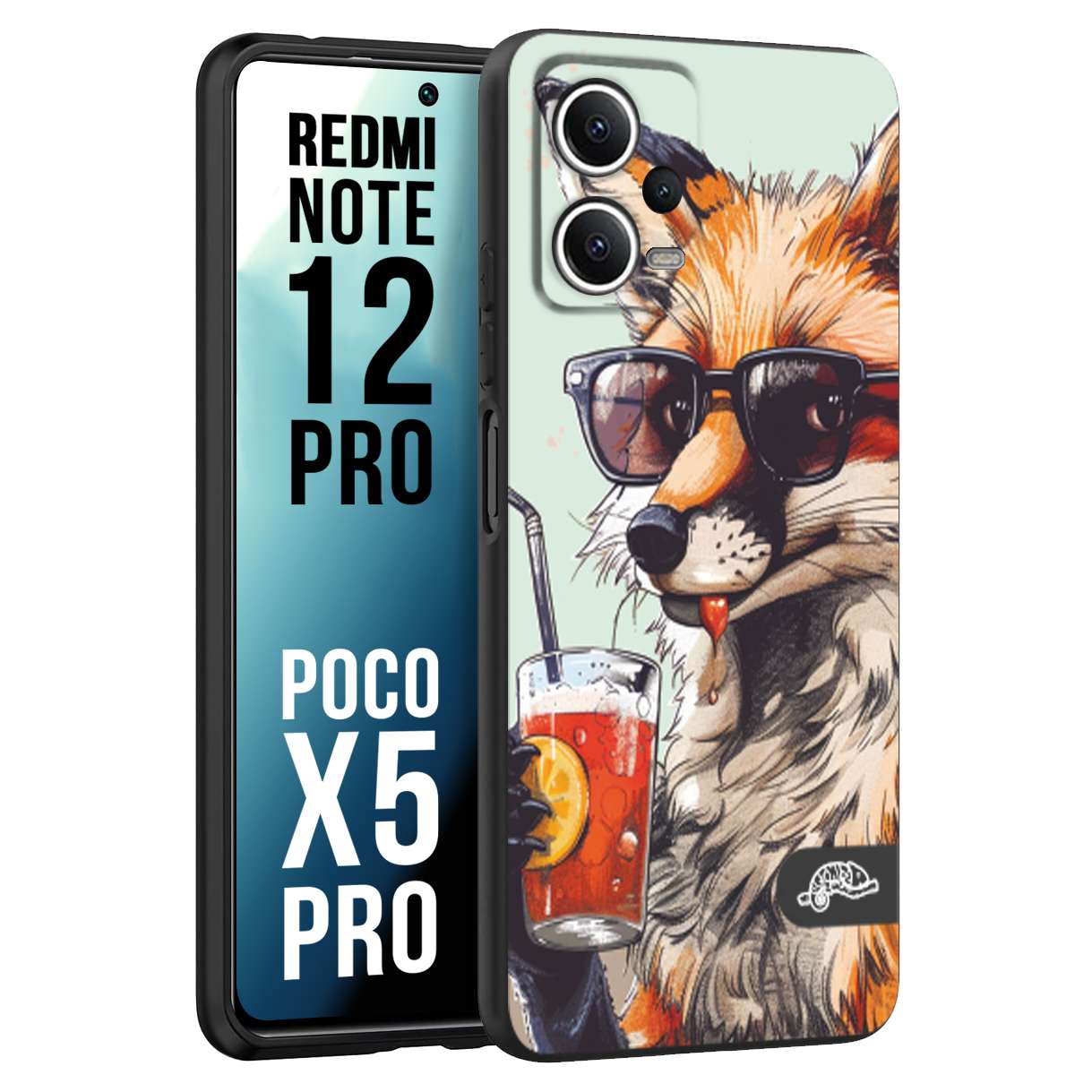 CUSTOMIZZA - Custodia cover nera morbida in tpu compatibile per Xiaomi Redmi Note 12 PRO - POCO X5 PRO estate disegnata cocktails animali simpatici fox volpe negroni