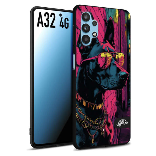 CUSTOMIZZA - Custodia cover nera morbida in tpu compatibile per Samsung A32 4G animali cyberpunk dobermann cane street dog fucsia blu
