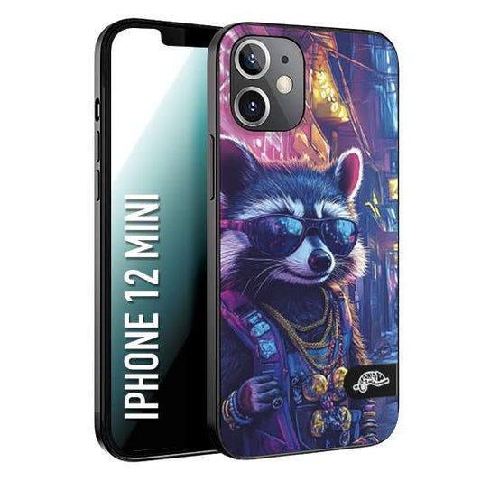 CUSTOMIZZA - Custodia cover nera morbida in tpu compatibile per iPhone 12 MINI animali simpatici cyberpunk procione racoon street cat fucsia blu giallo