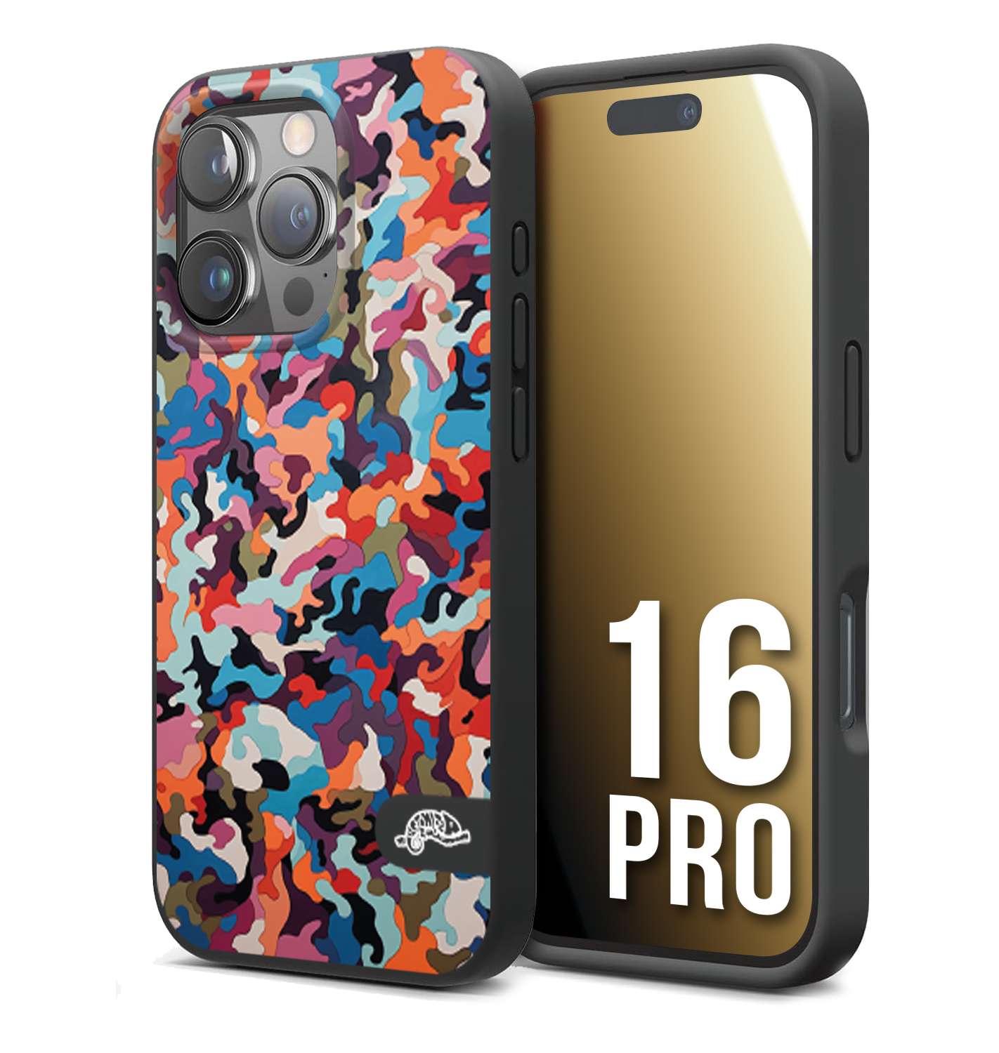 CUSTOMIZZA - Custodia cover nera morbida in tpu compatibile per iPhone 16 PRO camouflage mimetico militare moderno blu arancio rosa