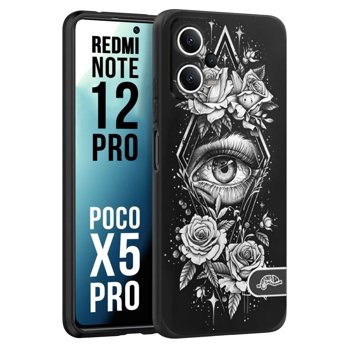 CUSTOMIZZA - Custodia cover nera morbida in tpu compatibile per Xiaomi Redmi Note 12 PRO - POCO X5 PRO occhio fiori rombo geometrico black and white bianco a rilievo disegnato tattoo tatuaggio