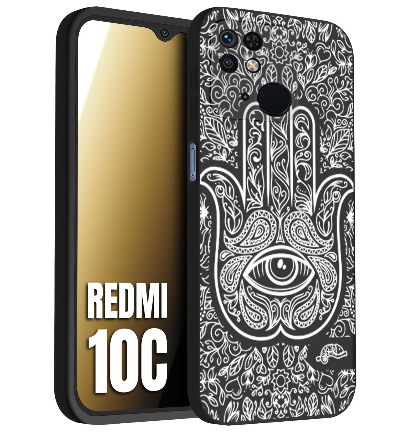 CUSTOMIZZA - Custodia cover nera morbida in tpu compatibile per Xiaomi Redmi 10C mano di fatima effetto rilievo mandala donna