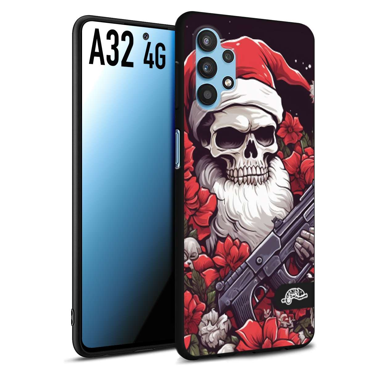 CUSTOMIZZA - Custodia cover nera morbida in tpu compatibile per Samsung A32 4G teschio natale santa claus fiori tattoo disegnato