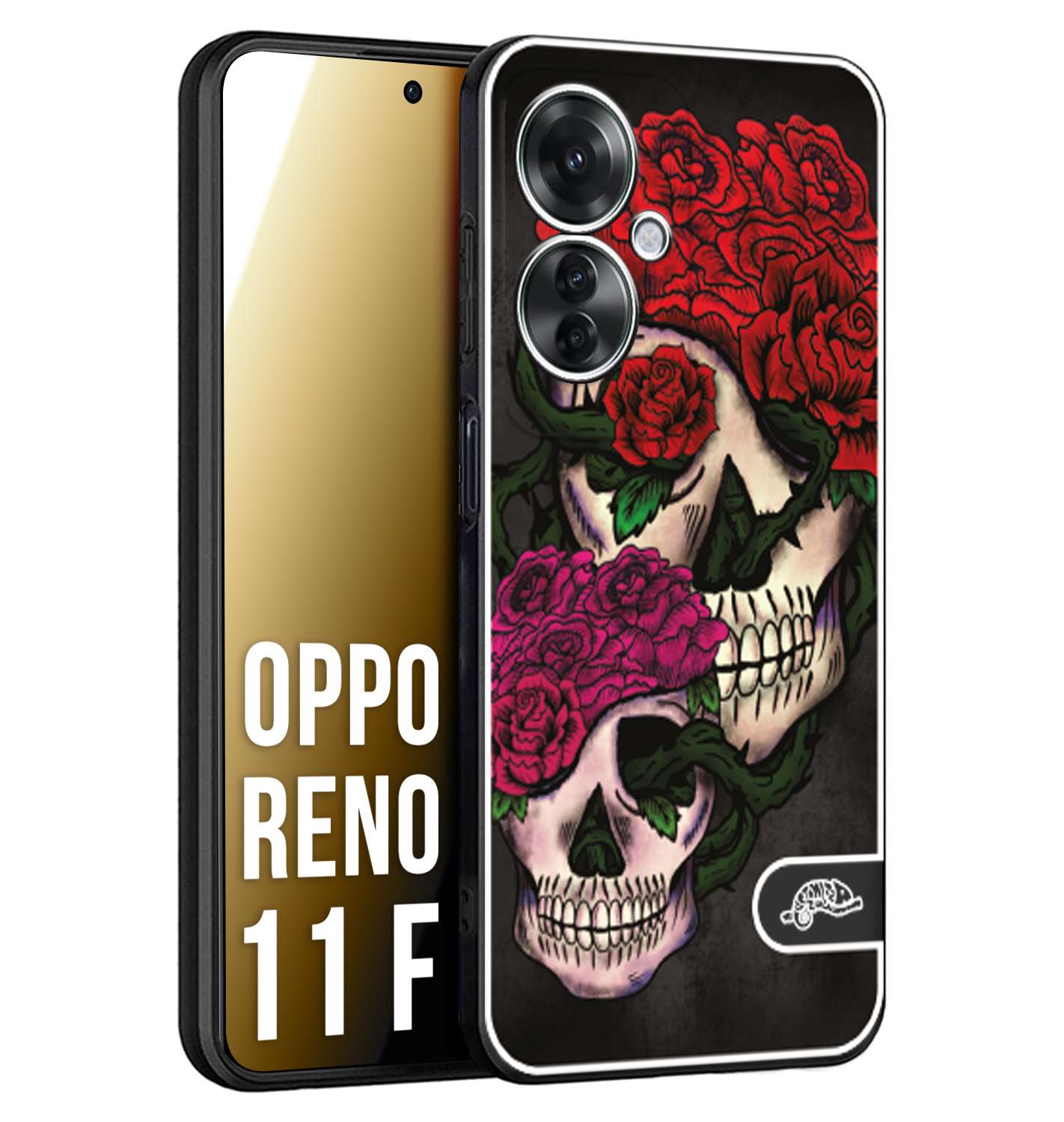 CUSTOMIZZA - Custodia cover nera morbida in tpu compatibile per Oppo Reno 11 F 5G teschi e rose rosse fucsia skull and roses