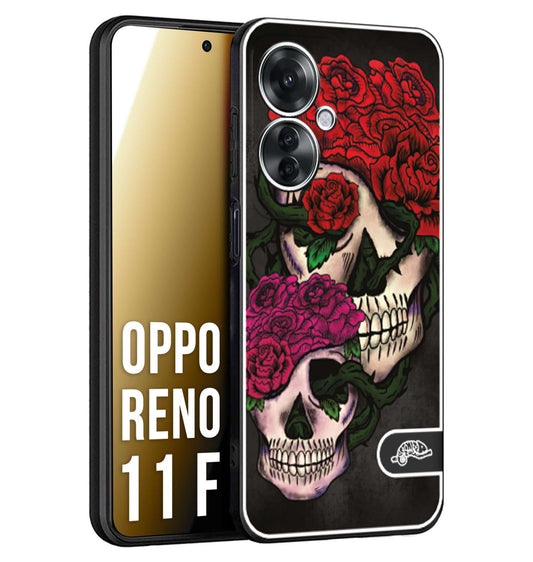 CUSTOMIZZA - Custodia cover nera morbida in tpu compatibile per Oppo Reno 11 F 5G teschi e rose rosse fucsia skull and roses