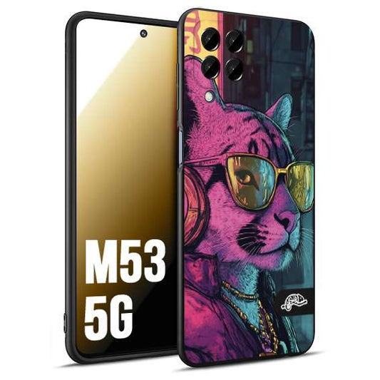 CUSTOMIZZA - Custodia cover nera morbida in tpu compatibile per Samsung M53 5G animali cyberpunk pantera street cat fucsia blu giallo